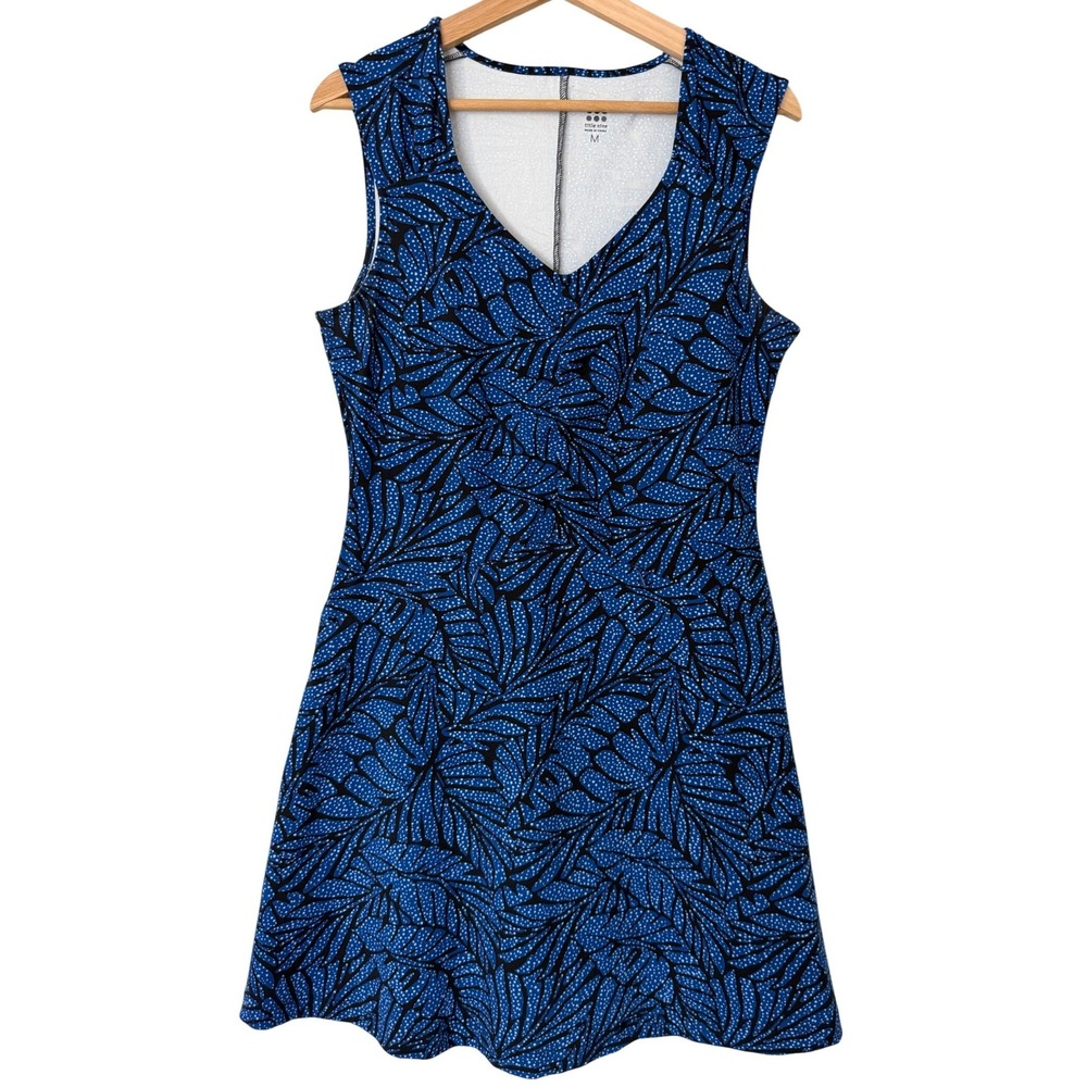 Title Nine Diamalete Dress Blue Black Leaf Print Sleeveless V-Neck Size M 121017